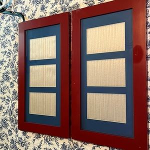 Two Picture Frames Red with blue mat. Holds 6 4x6 photos.